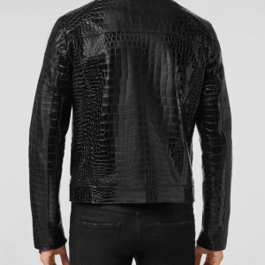 Grim Black Crocodile Embossed Biker Leather Jacket