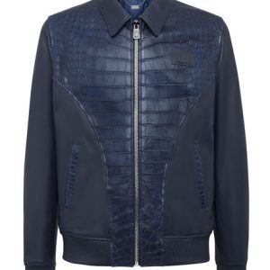 Latin Blue Distressed Alligator Leather Jacket