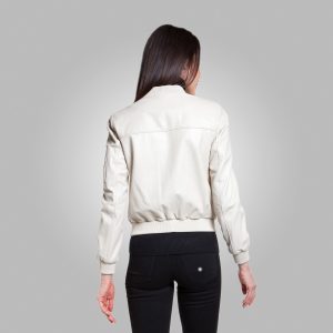 Online Hollow White Bomber Leather Jacket
