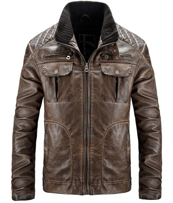 Javier Quilted Distressed Men Brown Leather Jacket