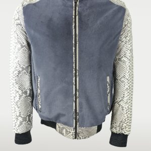 Shop Classic Grey Suede Python Bomber Jacket