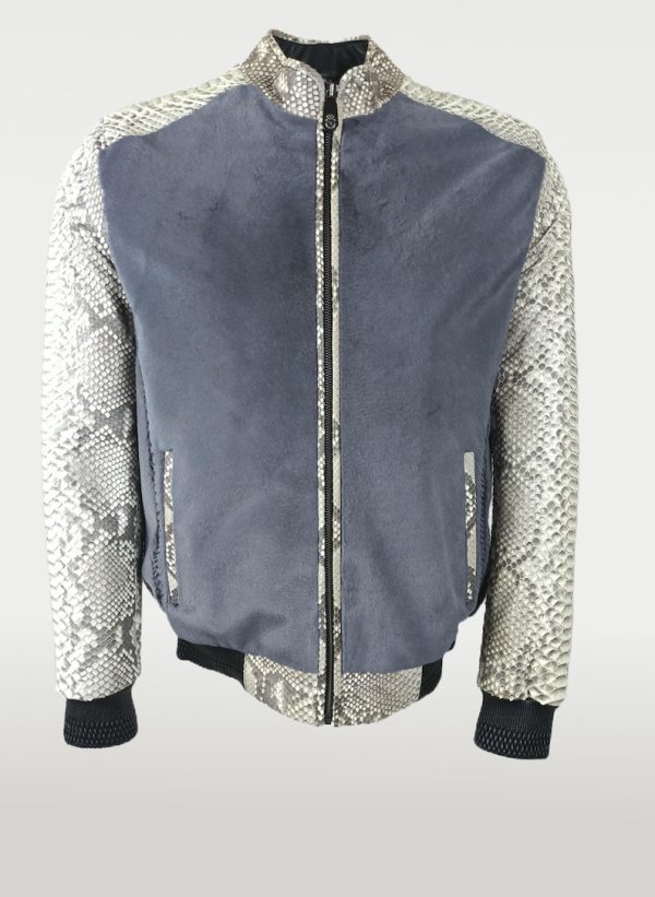 Shop Classic Grey Suede Python Bomber Jacket