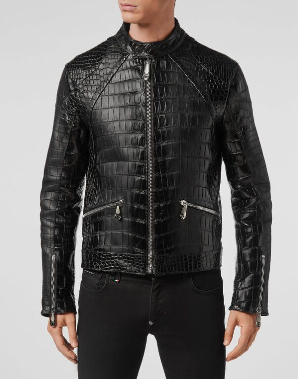 Grim Black Crocodile Leather Jacket