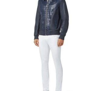 Shop Latin Blue Distressed Alligator Leather Jacket