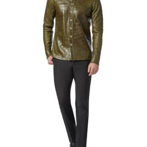 Shop Olive Green Alligator Embossed Leather Jacket