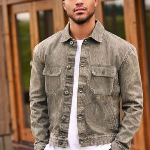 Men’s Beige Distressed Denim Jacket