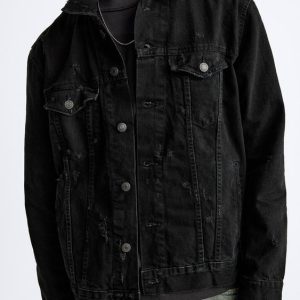 Men’s Distressed Denim Trucker Jacket In Black