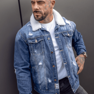 Men's Shearling Collar Ribbed Denim Jacket In Blue