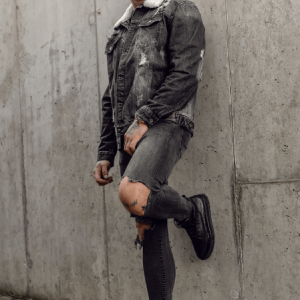 Men's Shearling Collar Denim Ribbed Jacket In Black