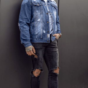 Men's Shearling Collar Ribbed Denim Jacket In Blue