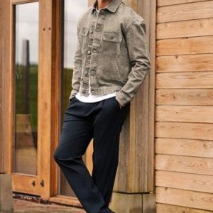 Men’s Beige Distressed Denim Jacket