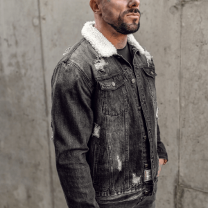 Men's Shearling Collar Denim Ribbed Jacket In Black