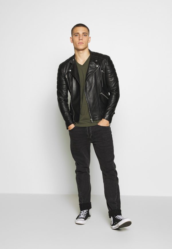 Arcane Quilted Black Leather Biker Jacket Men