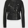 Cropped Black Leather Biker Jacket​