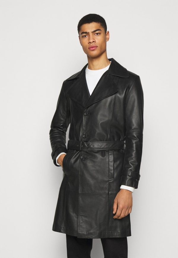 Premium Delmer Black Leather Trench Coat
