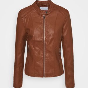 Shop Janetta Quilted Brown Leather Biker Jacket