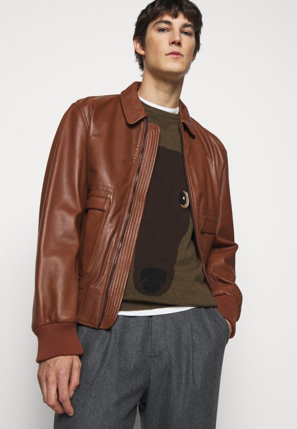 Shain Brown Leather Bomber Jacket Mens