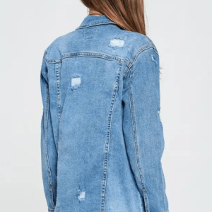 Women’s Distressed Denim Ribbed Jacket In Blue