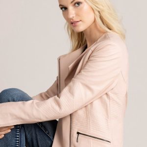 Shop Spirits Pink Collarless Leather Biker Jacket