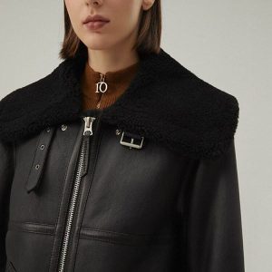 Women's Black Bomber Leather Shearling Jacket