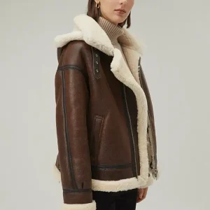 Women’s Brown Hooded Shearling Leather Jacket