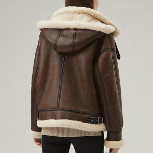 Women’s Brown Hooded Shearling Leather Jacket