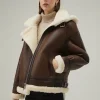 Brown Shearling Hooded Leather Jacket With Fur