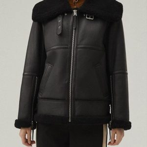 Women's Black Bomber Leather Shearling Jacket