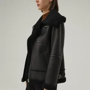 Women's Black Bomber Leather Shearling Jacket